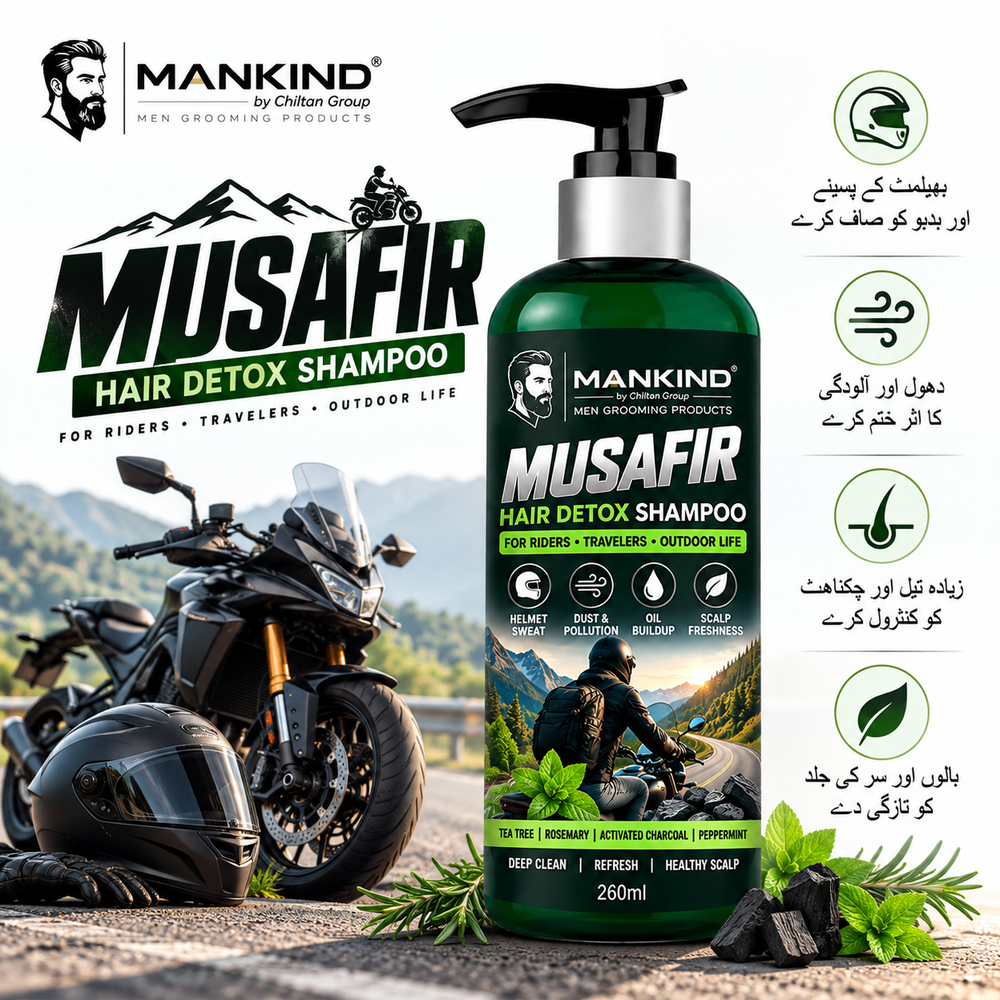 MANKIND MUSAFIR Hair Detox Shampoo 260ml for helmet hair care, dust, sweat and outdoor buildup